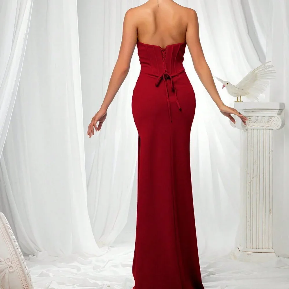 Red Party Women's Elegant Flattering Fitted Strapless Satin maxi Dress
